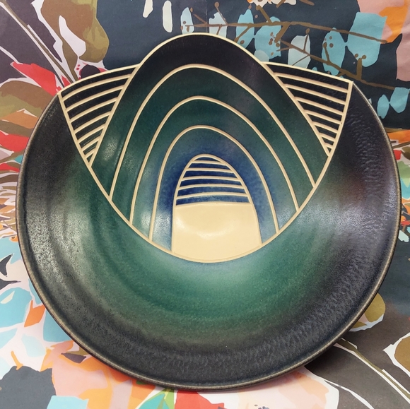 Wayne Bates Other - Wayne Bates Postmodern Oblong Studio Pottery Sgraffito Bowl Blue Green
